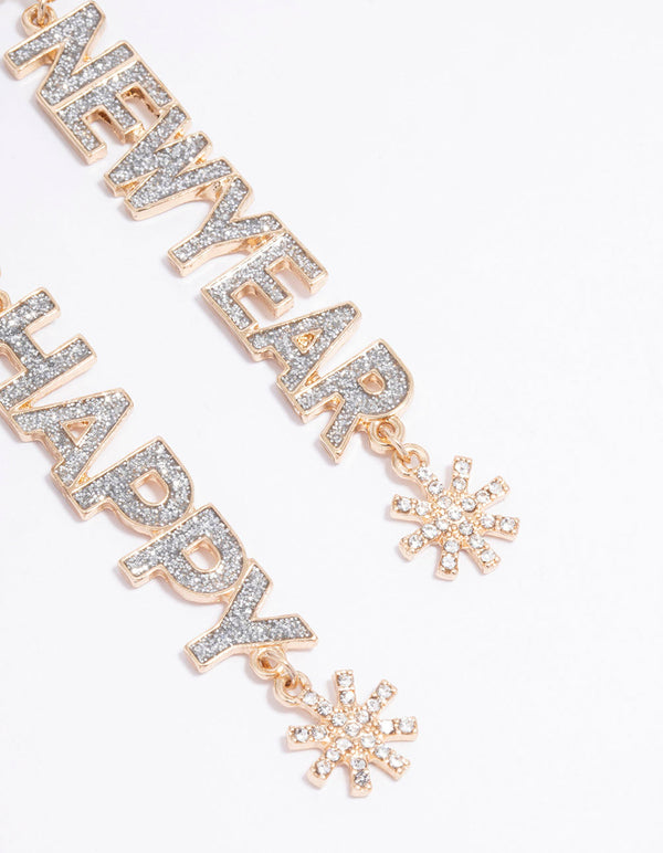 Gold Happy New Year Drop Earrings
