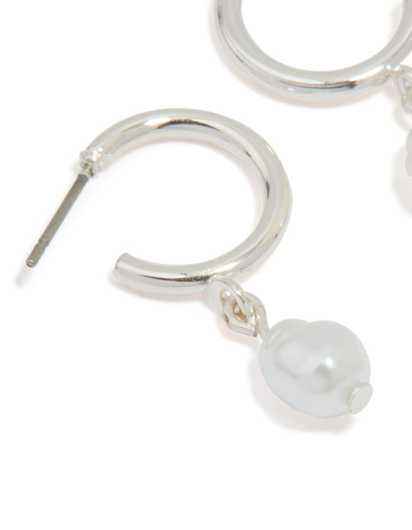 Silver Pearl Drop Huggie Earrings