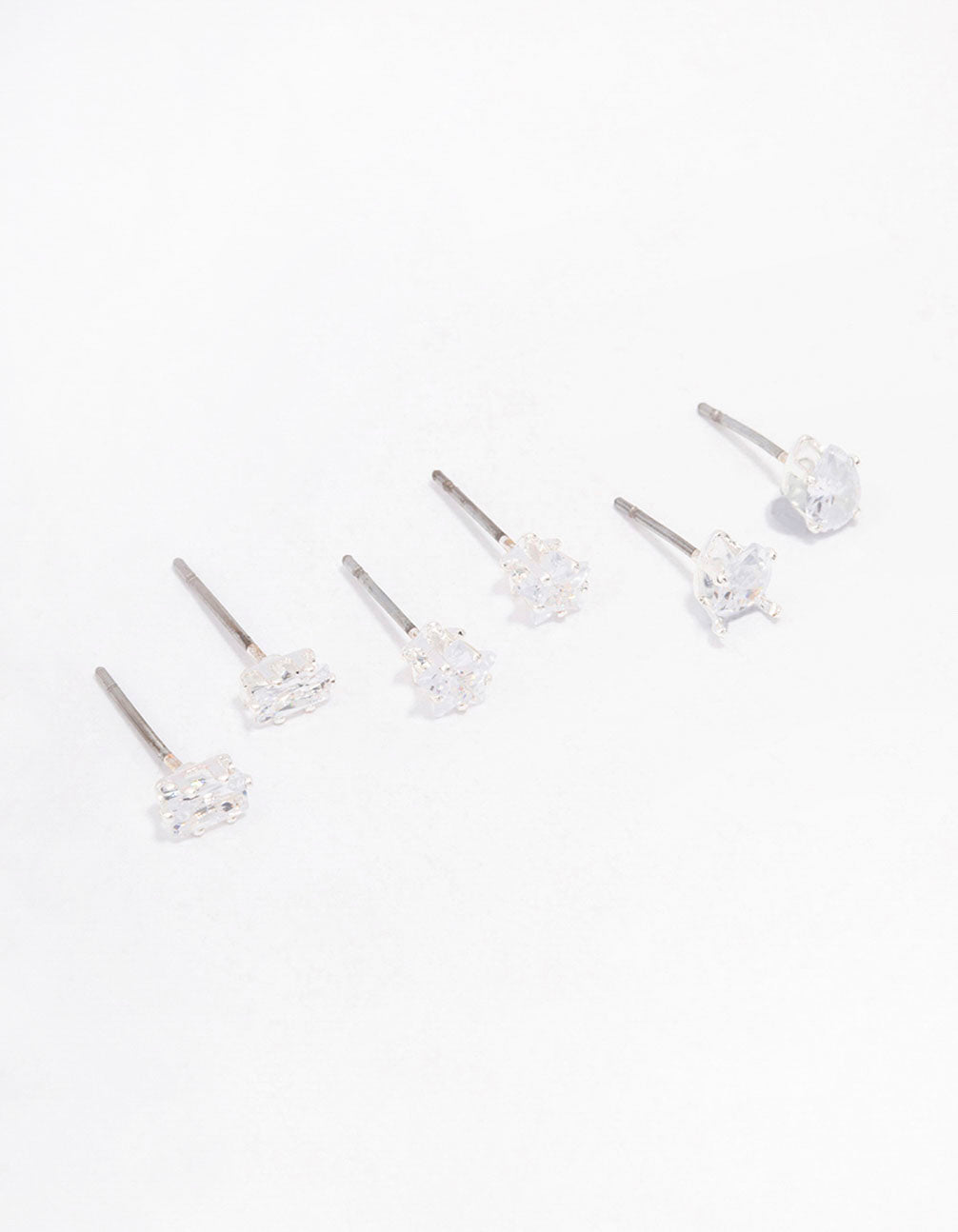 Silver Cubic Zirconia Mixed Shape Stud Earrings 3-Pack