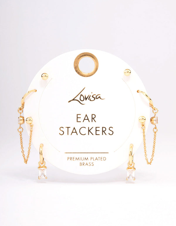 Gold Plated Brass Baguette Hoop Chain Earring 4-Pack