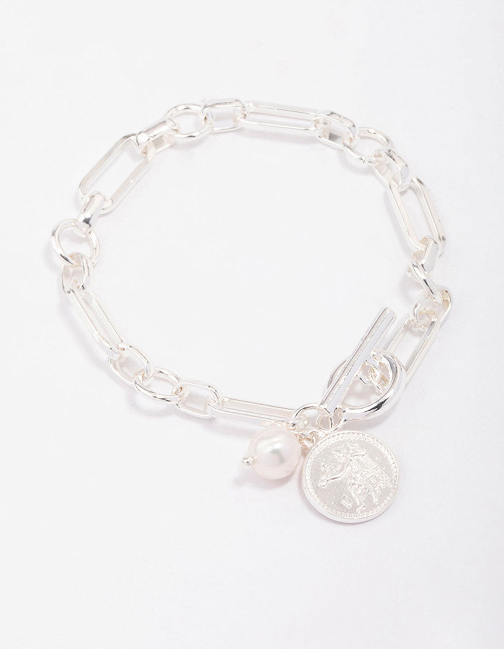 Silver Chunky Coin & Pearl Bracelet