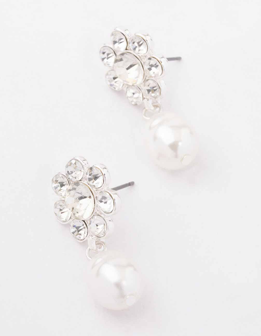 Silver Diamante Flower Pearl Drop Earrings