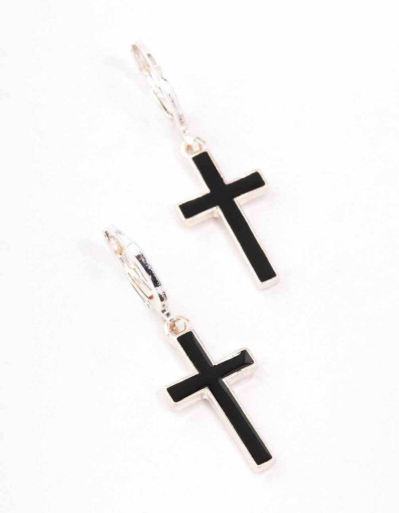 Sterling Silver Cross Huggie Earring With Genuine Crystals 1