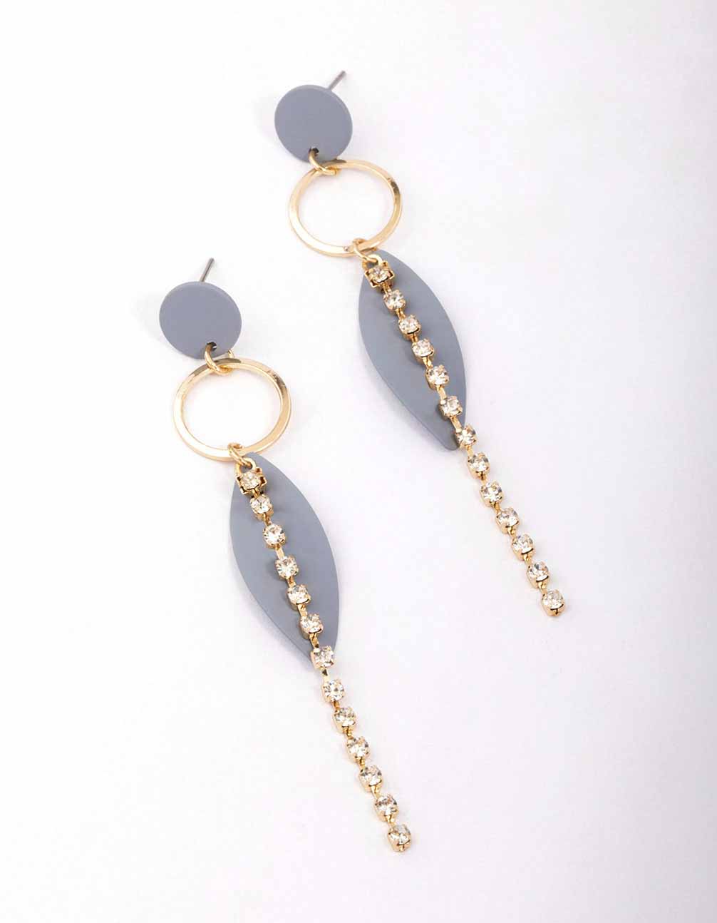 Grey Cup Chain Ring Leaf Drop Earrings