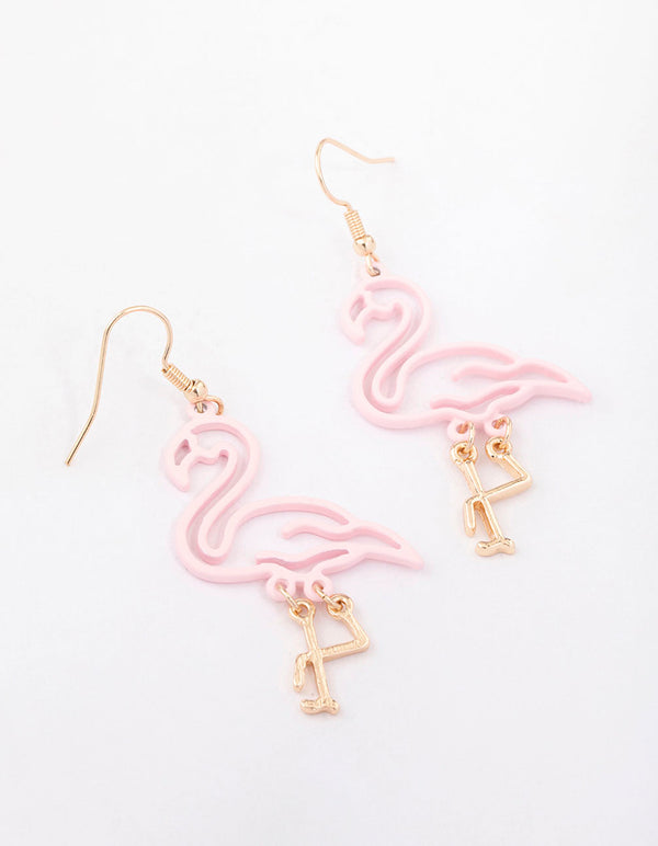 Gold Pink Cut Out Flamingo Drop Earrings