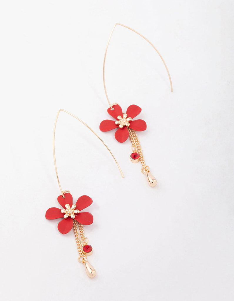 Red Thread Through Flower & Diamante Drop Earrings Lovisa