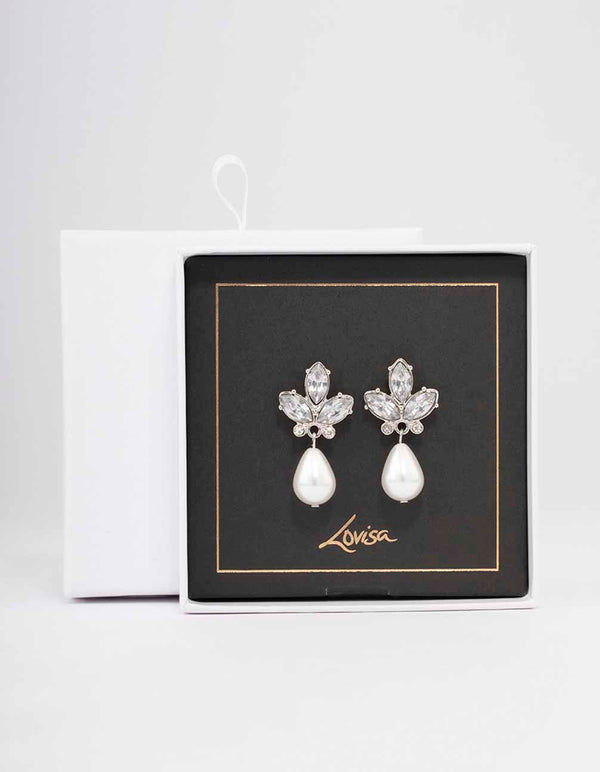 Silver Diamante Teardrop Pearl Drop Earrings