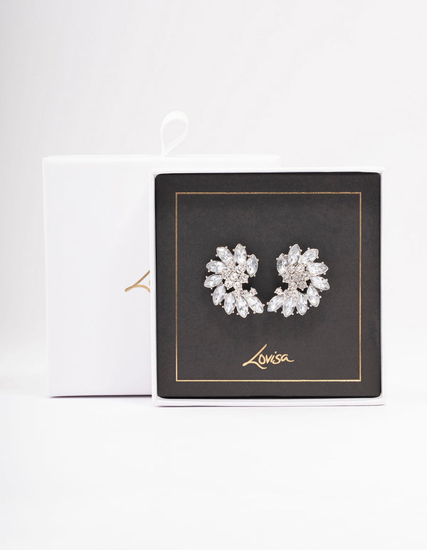 Silver Fan Marquise Diamante Stud Earrings