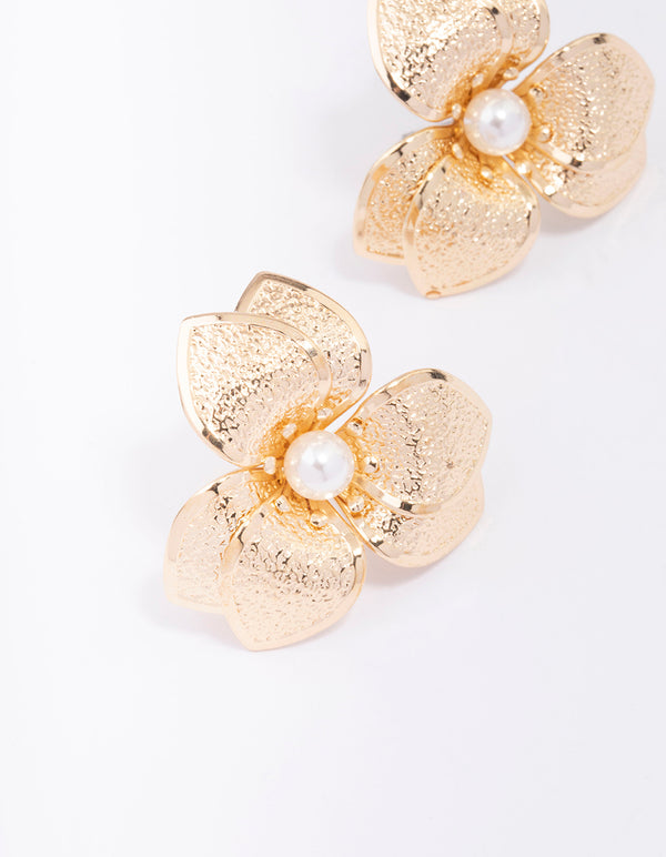Gold Foiled Petal Pearl Stud Earrings
