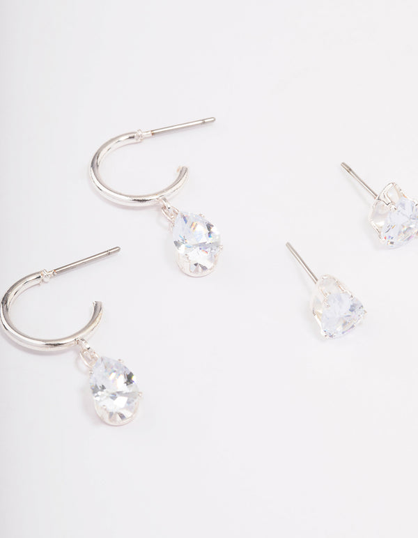 Silver Pear Diamante Stud & Huggie Earring Pack