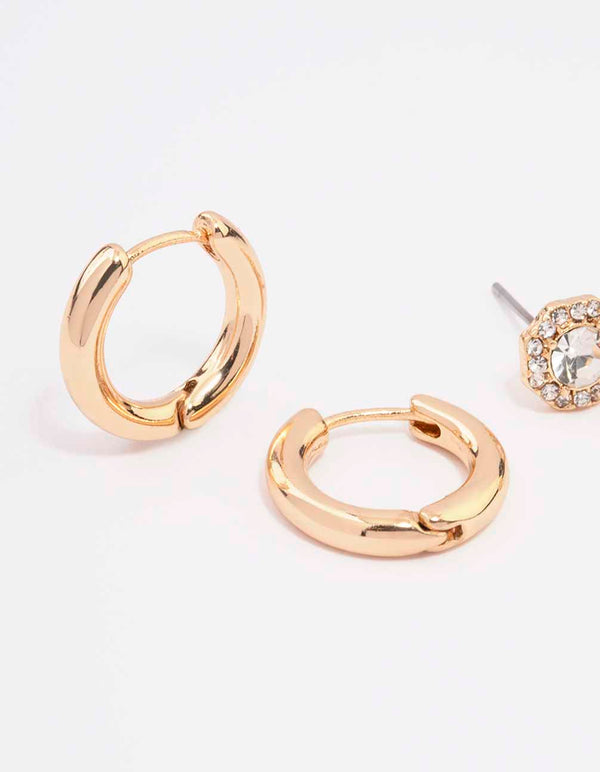 Gold Halo Diamante Stud & Hoop Earring Pack