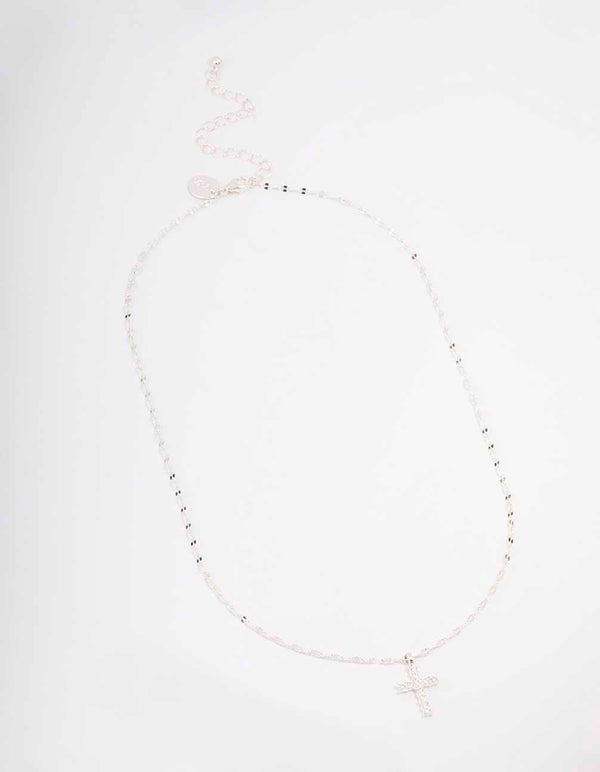Silver Bezel Diamante Cross Necklace