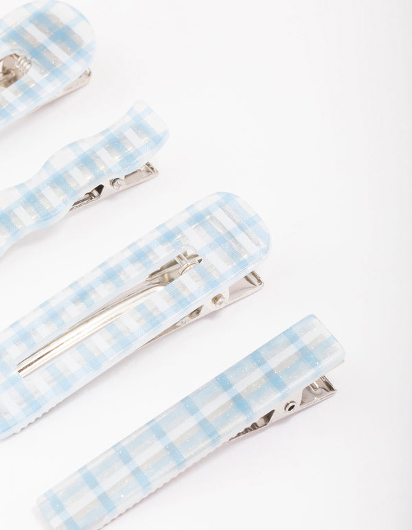 Blue Mixed Check Gingham Hair Clip 4-Pack