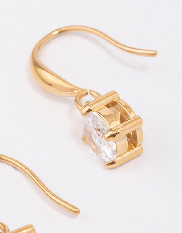 Capturing waterproof solitaire french hook earrings crafted from gold plated stainless steel with cubic zirconia in white post detail view