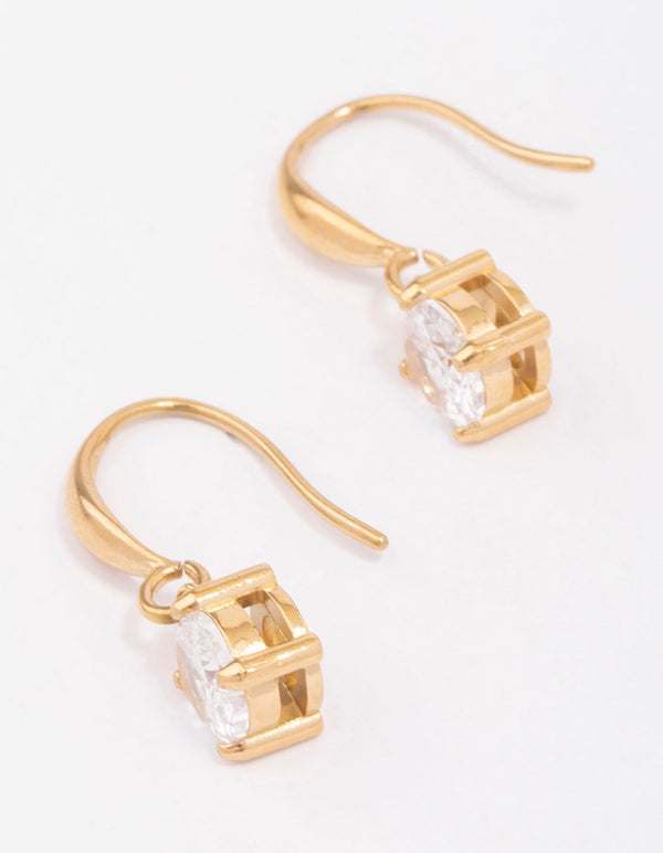 Showcasing waterproof solitaire french hook earrings crafted from gold plated stainless steel featuring cubic zirconia in white front view