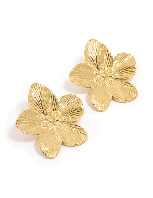 Crafted from waterproof gold plated stainless steel, these textured flower stud earrings feature floral design in front view