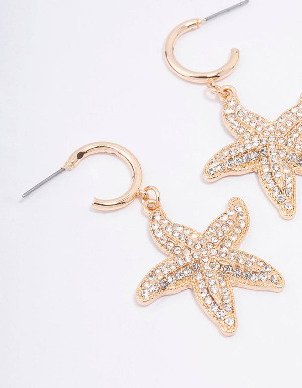 Gold Diamante Starfish Hoop Earrings