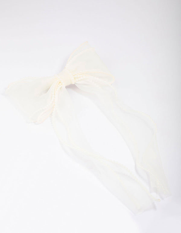 White Organza Fabric Pearl Twist Bow Hair Clip