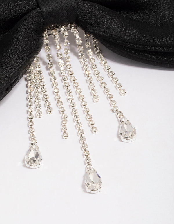 Black Fabric Organza Diamante Cup Chain Hair Bow Clip