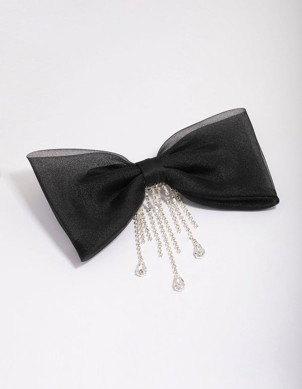 Black Fabric Organza Diamante Cup Chain Hair Bow Clip