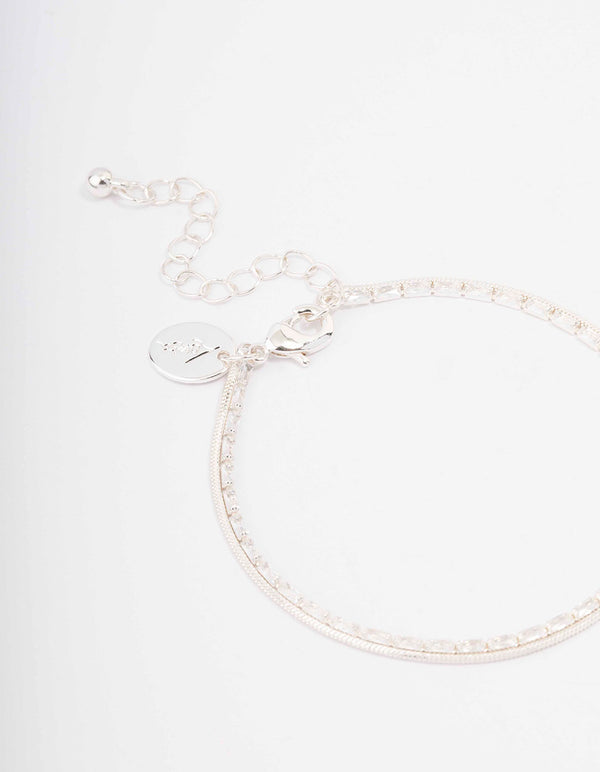 Silver Plated Cubic Zirconia Dainty Baguette Layered Bracelet