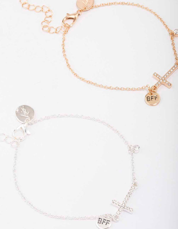Mixed Metal Diamante Side Cross Bracelet