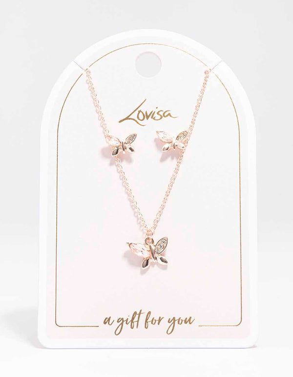 Rose Gold Diamante Butterfly Necklace & Stud Earring Set