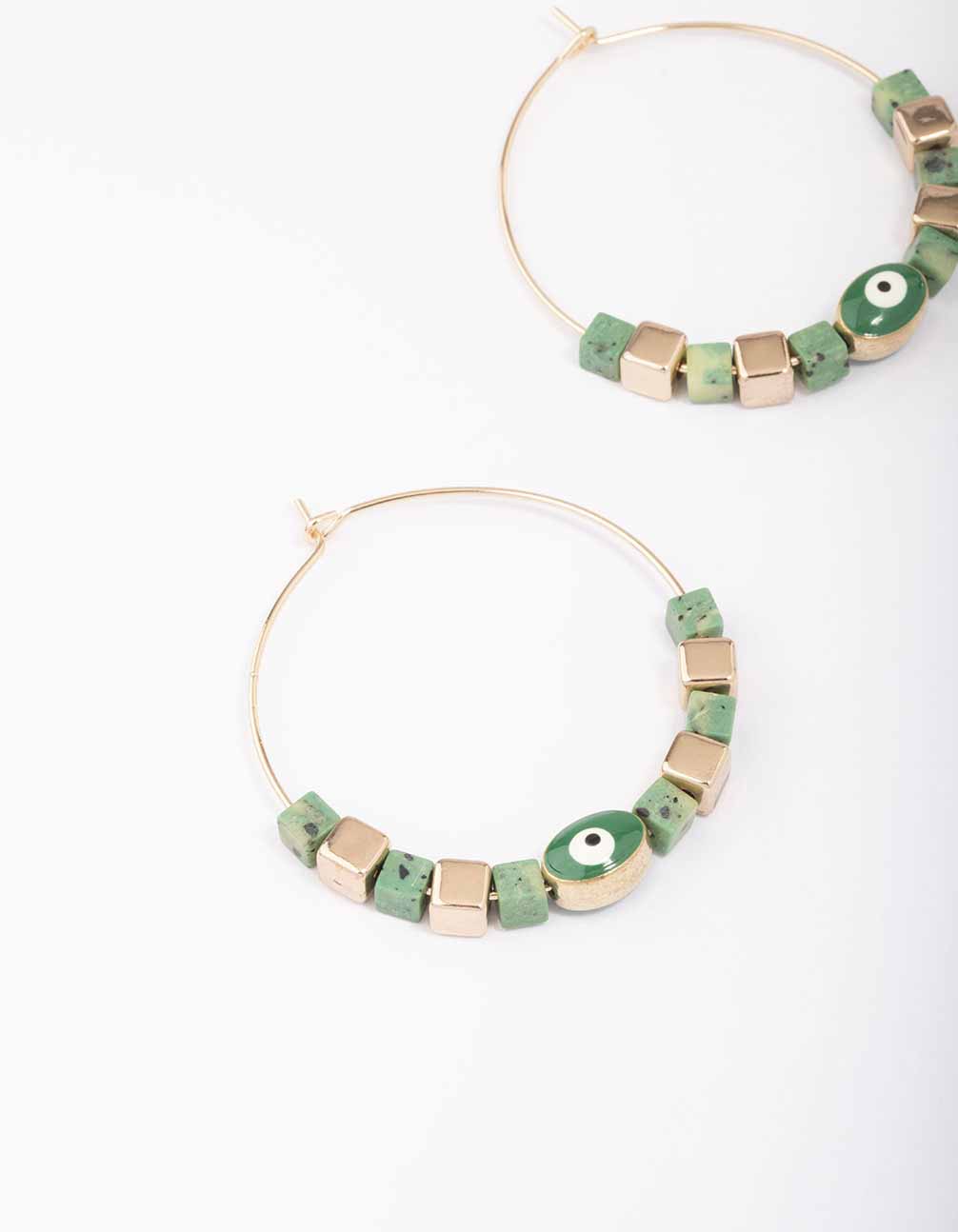 Gold & Green Beaded Evil Eye Hoop Earrings