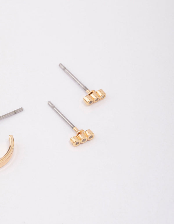 Gold Cubic Zirconia Huggie & Stud Earring 3-Pack