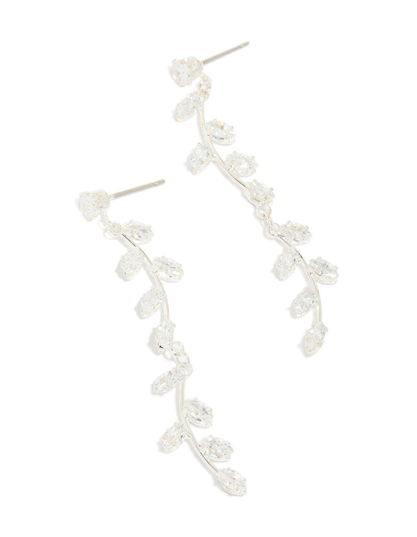 Showcasing dainty long swirling cubic zirconia vine drop earrings with leaf accents crafted from silver plated material front view