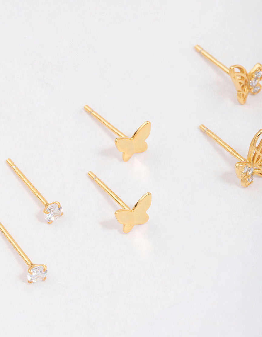 Gold Plated Sterling Silver Butterfly Stud Earring 3-Pack