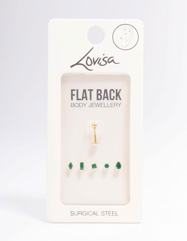 Gold Plated Surgical Steel Emerald Stone Flat Back 6-Pack