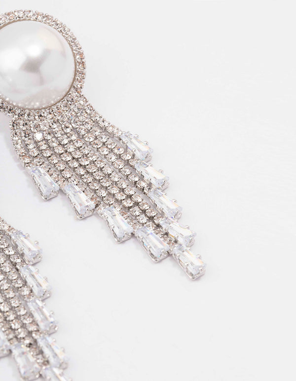 Silver Oversized Pearl Cup Chain Diamante Earrings
