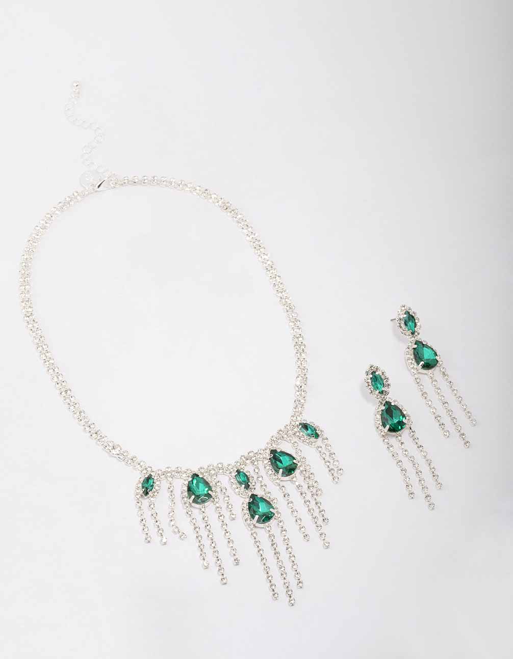 Silver Emerald & Diamante Drop Jewellery Set