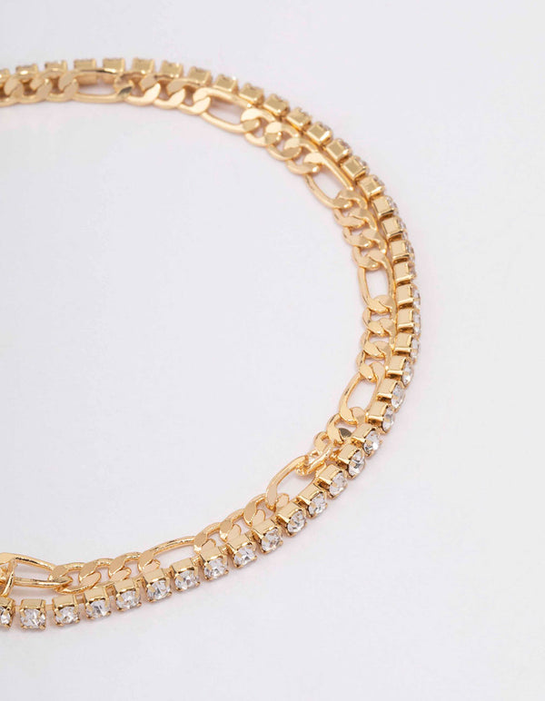 Gold Plated Brass Double Chain & Crystal Bracelet