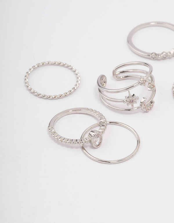 Silver Cubic Zirconia Moon & Stars Rings 5-Pack