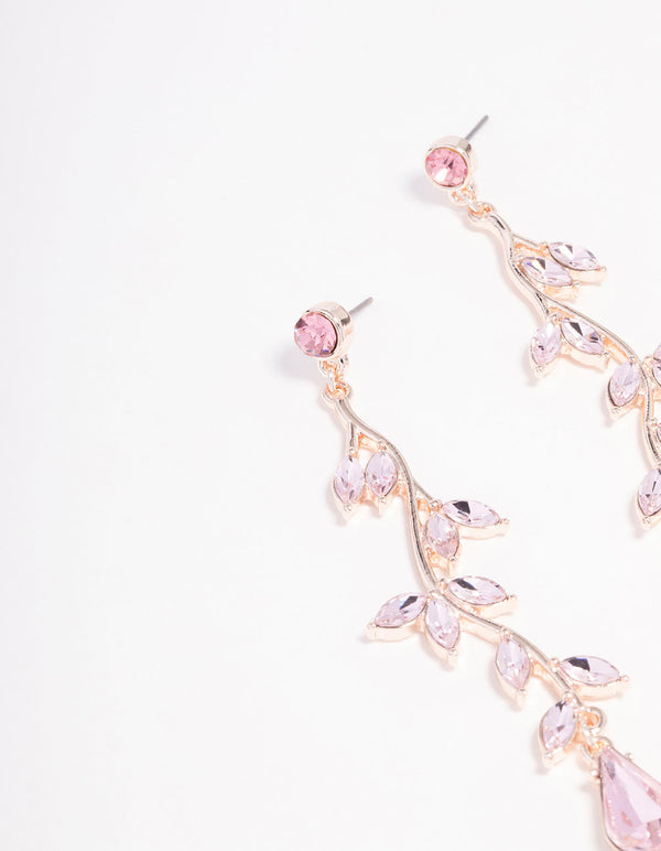 Rose Gold Pink Diamante Leaf Drop Earrings