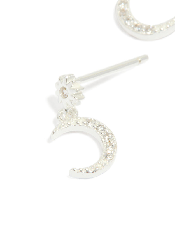 Presenting sterling silver cubic zirconia drop stud earrings with celestial moon design in dainty style close up view