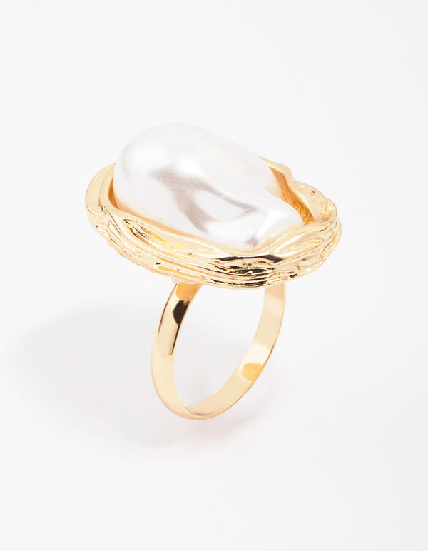 Gold Molten Pearl Statement Ring