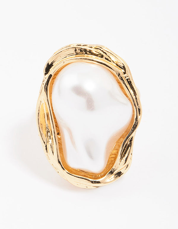 Gold Molten Pearl Statement Ring