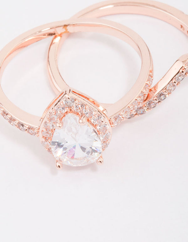 Elegant rose gold crowned pear diamante ring featuring stone cut design close up view