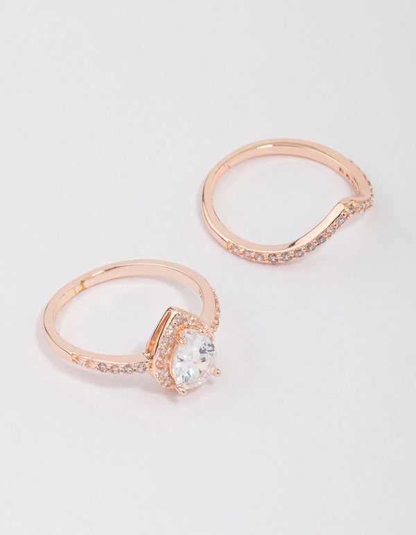 Beautifully crafted rose gold crowned pear diamante ring with stone cut detailing front view