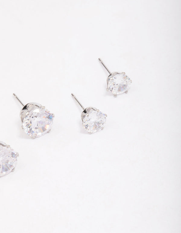 Presenting waterproof stainless steel graduating cubic zirconia earring 3-pack with stud closure in silver and white post detail view