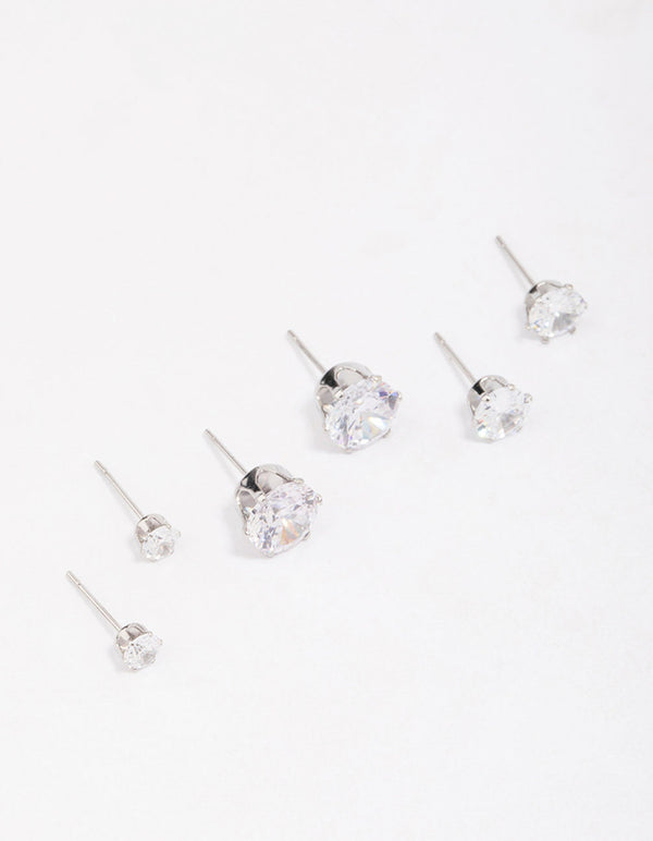 Showcasing waterproof stainless steel graduating cubic zirconia earring 3-pack with stud closure in silver front view