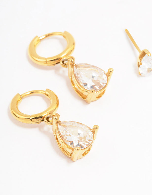 Waterproof Gold Plated Stainless Steel Pear Cut Cubic Zirconia Earrings 2-Pack