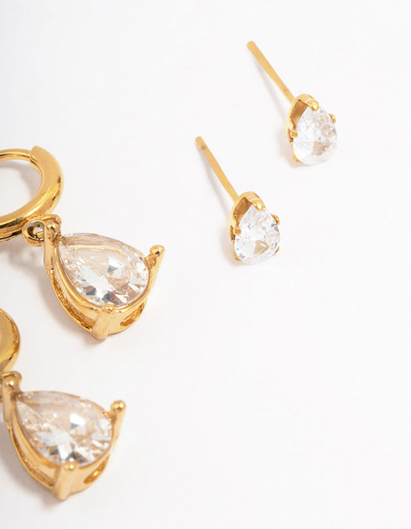 Waterproof Gold Plated Stainless Steel Pear Cut Cubic Zirconia Earrings 2-Pack