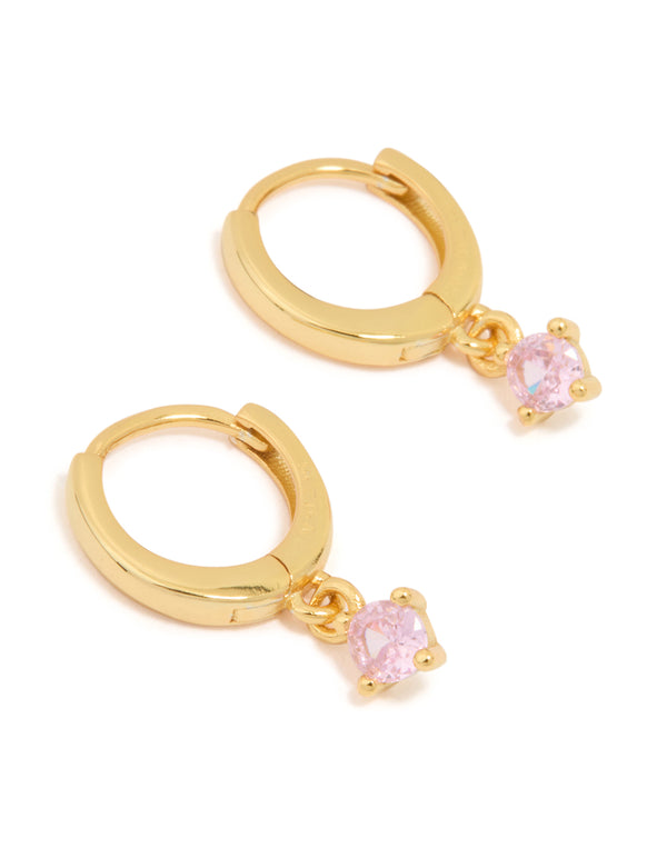 Gold Plated Sterling Silver Pink Cubic Zirconia Hoop Earrings