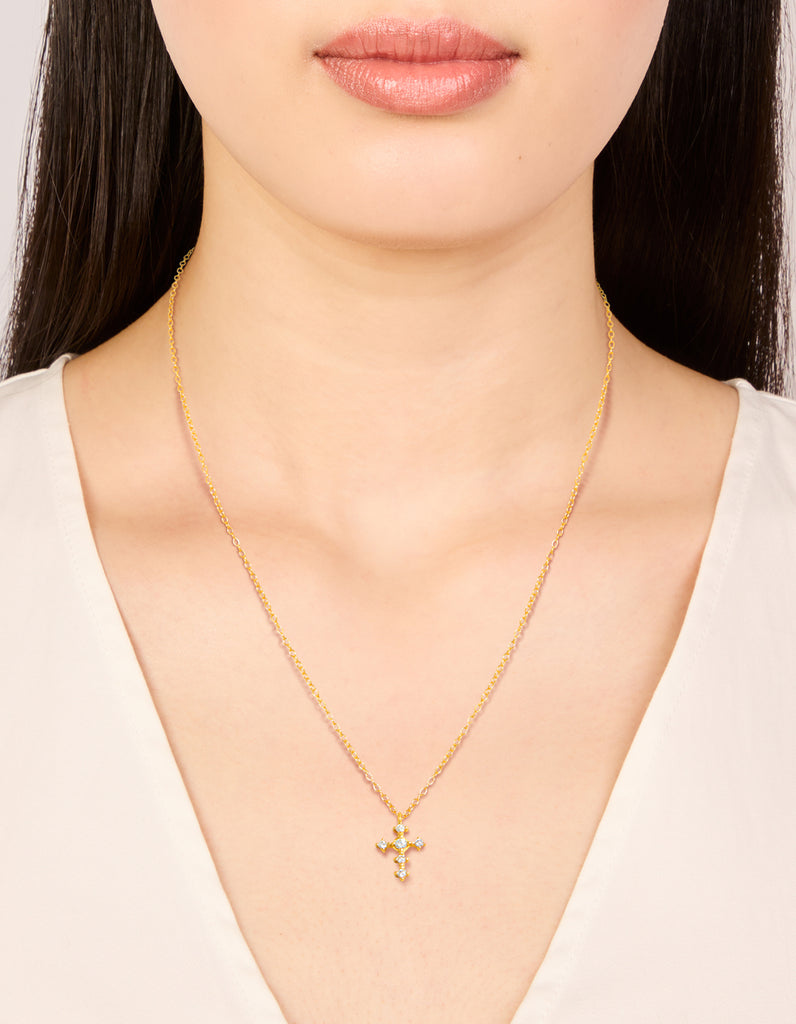 Gold Plated Sterling Silver Cubic Zirconia Round Cross Chain