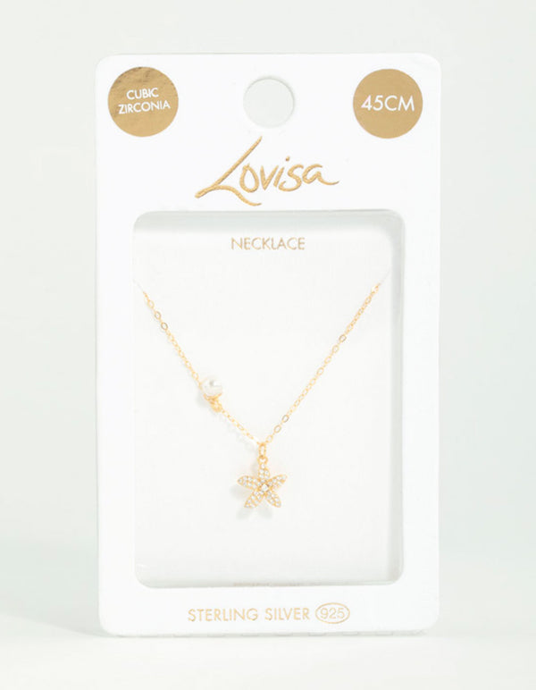 Gold Plated Sterling Silver Starfish Freshwater Pearl Chain Necklace