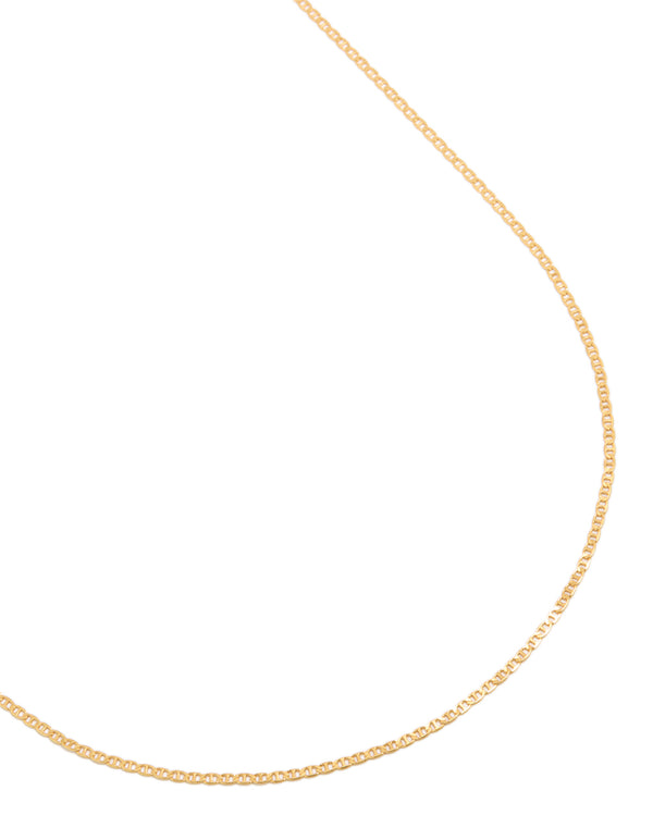 Showcasing a gold plated sterling silver long chain necklace with dainty styling close up view